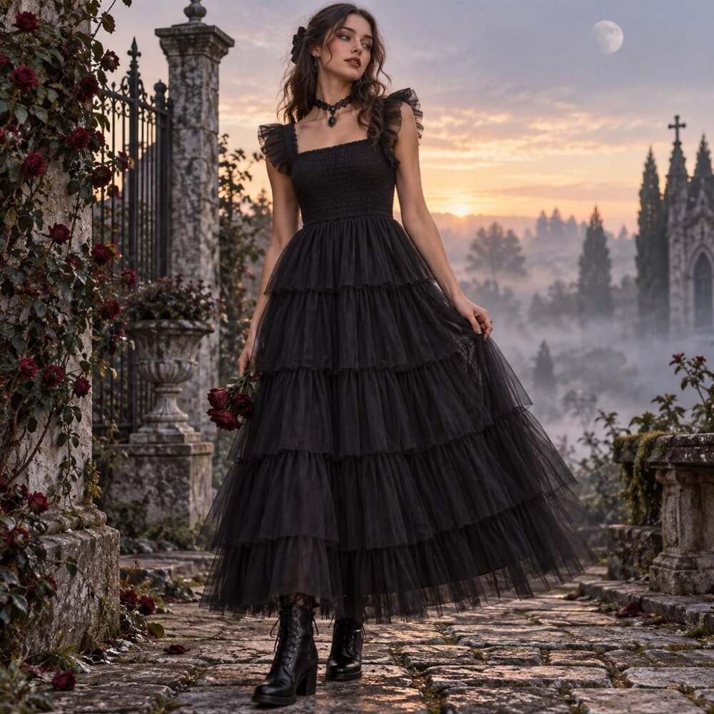 PRETTYGARDEN Black Tiered Tulle Dress Size L Midi Fairycore